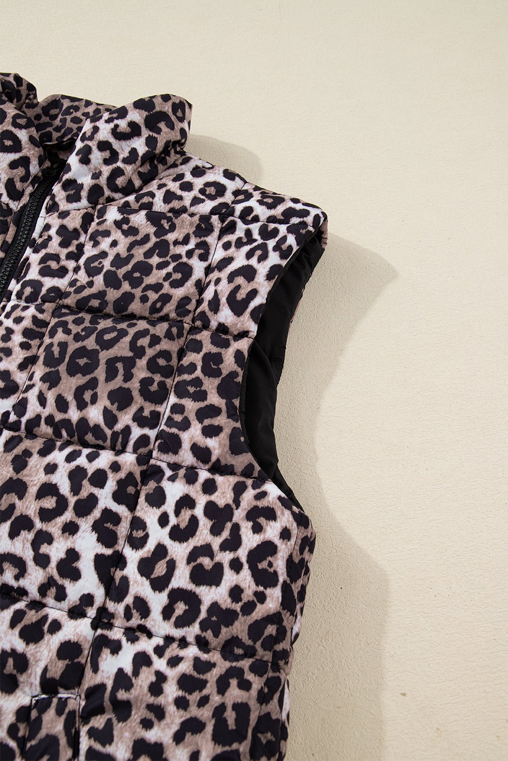 Brown Leopard Quilted Full Zipper Casual Puff Vest - Walker Designs