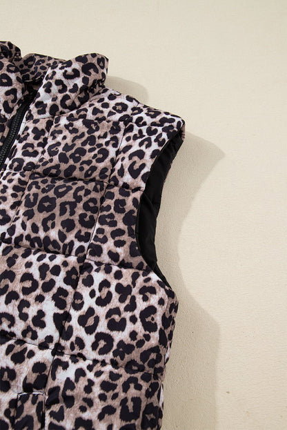 Brown Leopard Quilted Full Zipper Casual Puff Vest - Walker Designs