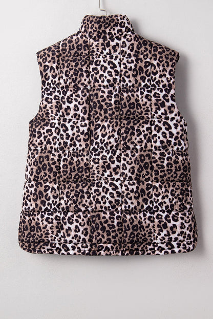 Brown Leopard Quilted Full Zipper Casual Puff Vest - Walker Designs