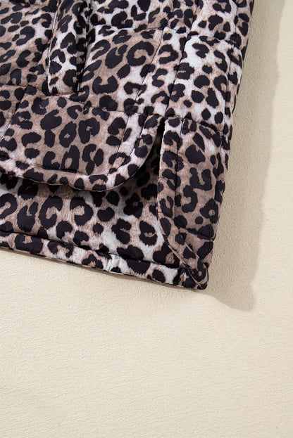 Brown Leopard Quilted Full Zipper Casual Puff Vest - Walker Designs