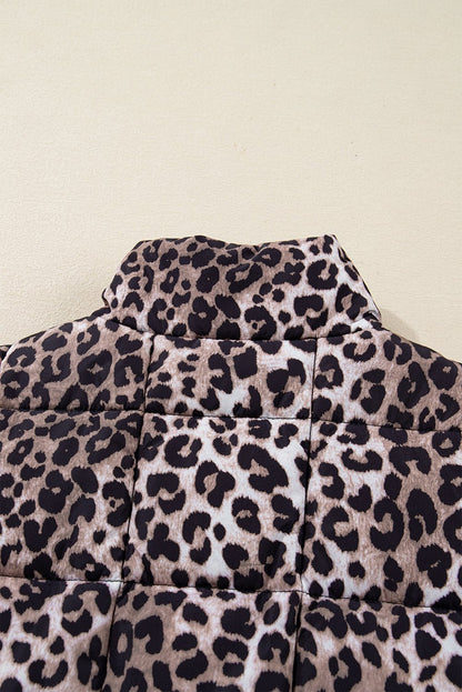 Brown Leopard Quilted Full Zipper Casual Puff Vest - Walker Designs