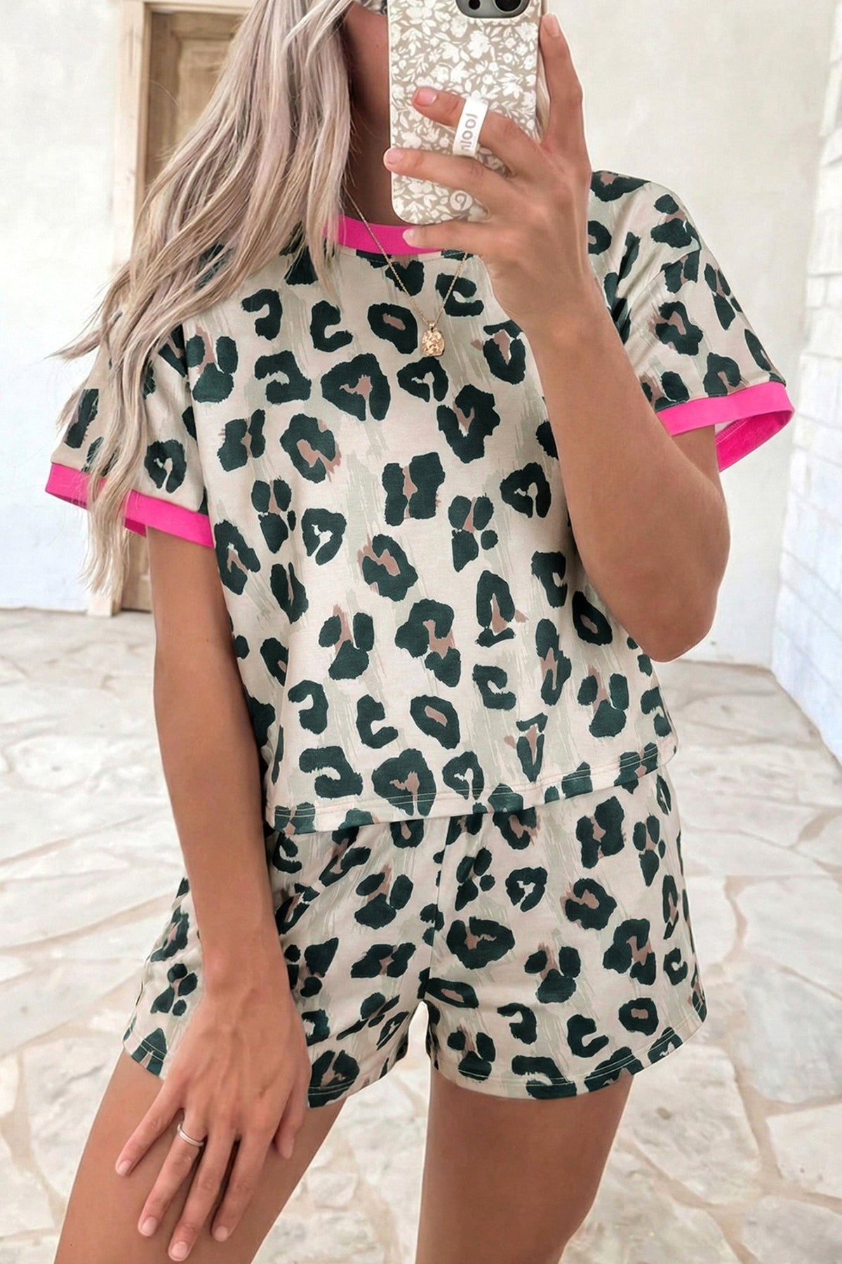 Brown Unique Leopard Print Contrast Trim Top Loose 2pcs Short Set - Walker Designs