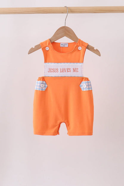 Coral Jesus Loves me Smocked Jon Jon - Walker Designs