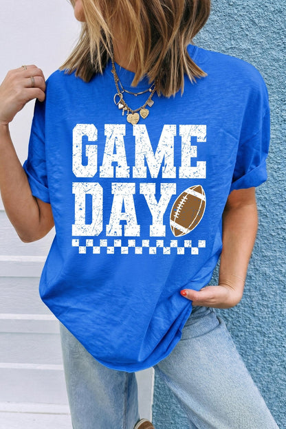 Dark Blue GAME DAY Checkered Print Rugby Graphic T Shirt - Walker Designs
