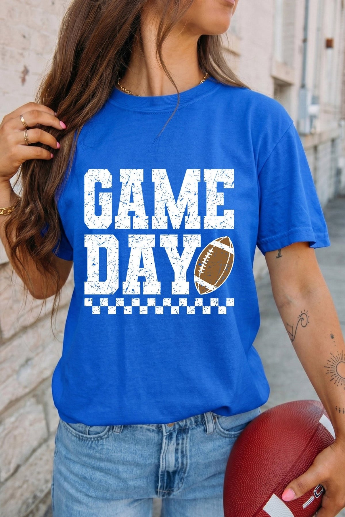 Dark Blue GAME DAY Checkered Print Rugby Graphic T Shirt - Walker Designs