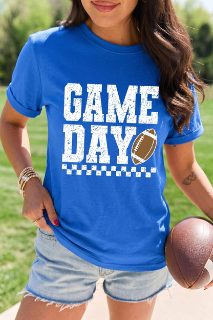 Dark Blue GAME DAY Checkered Print Rugby Graphic T Shirt - Walker Designs