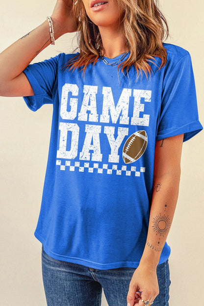 Dark Blue GAME DAY Checkered Print Rugby Graphic T Shirt - Walker Designs