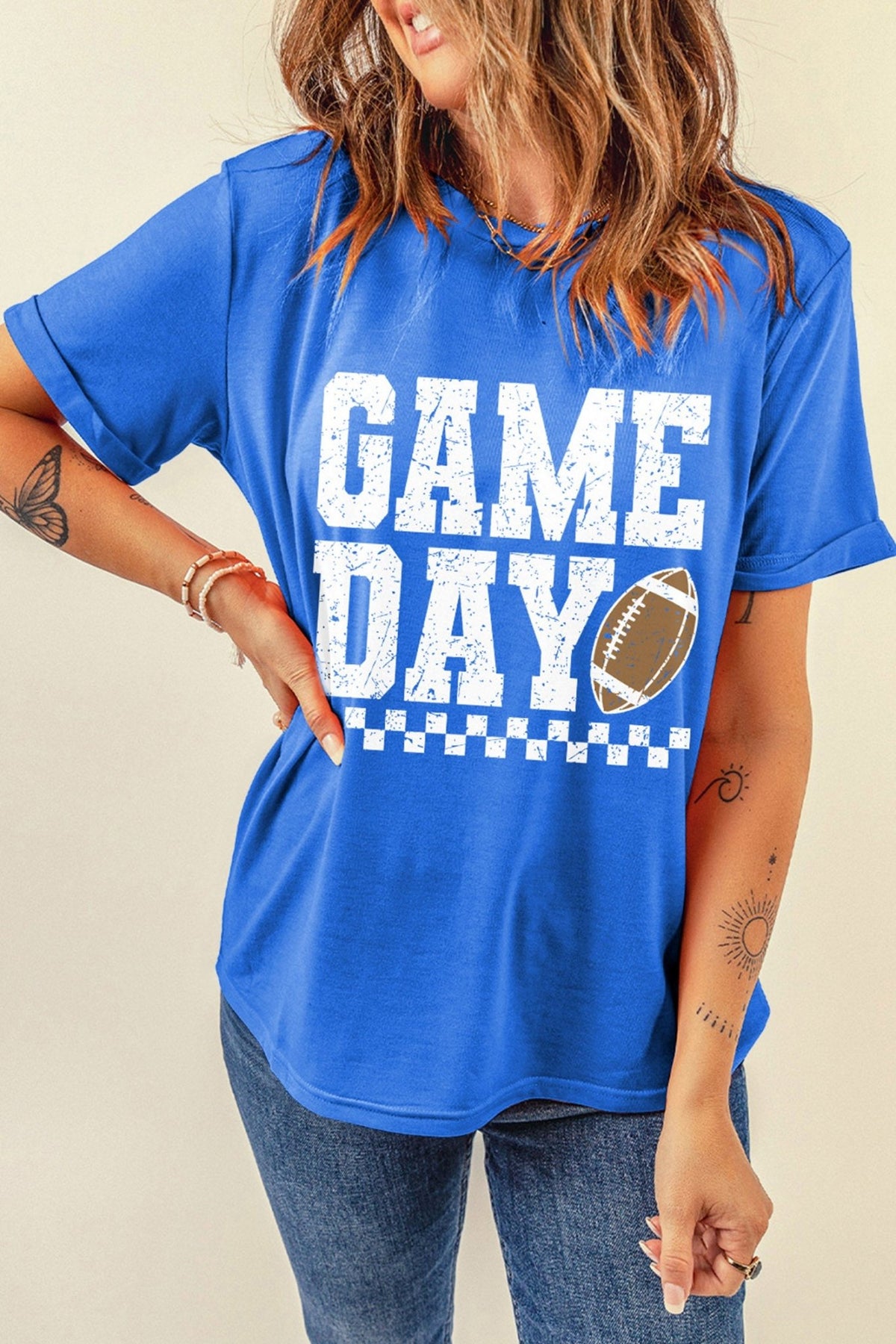 Dark Blue GAME DAY Checkered Print Rugby Graphic T Shirt - Walker Designs