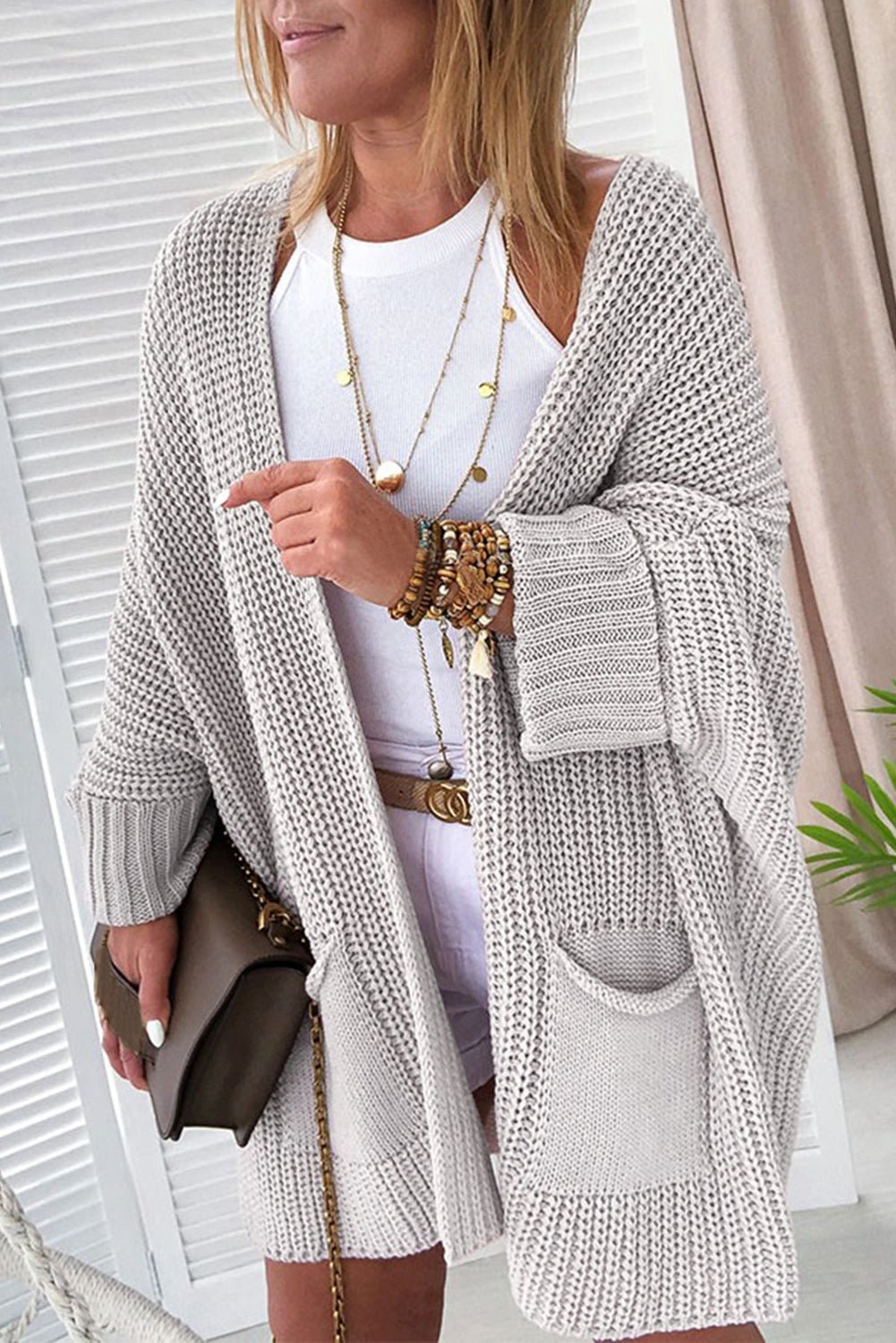 Gray Oversized Fold Over Sleeve Open Front Cardigan - Walker Designs