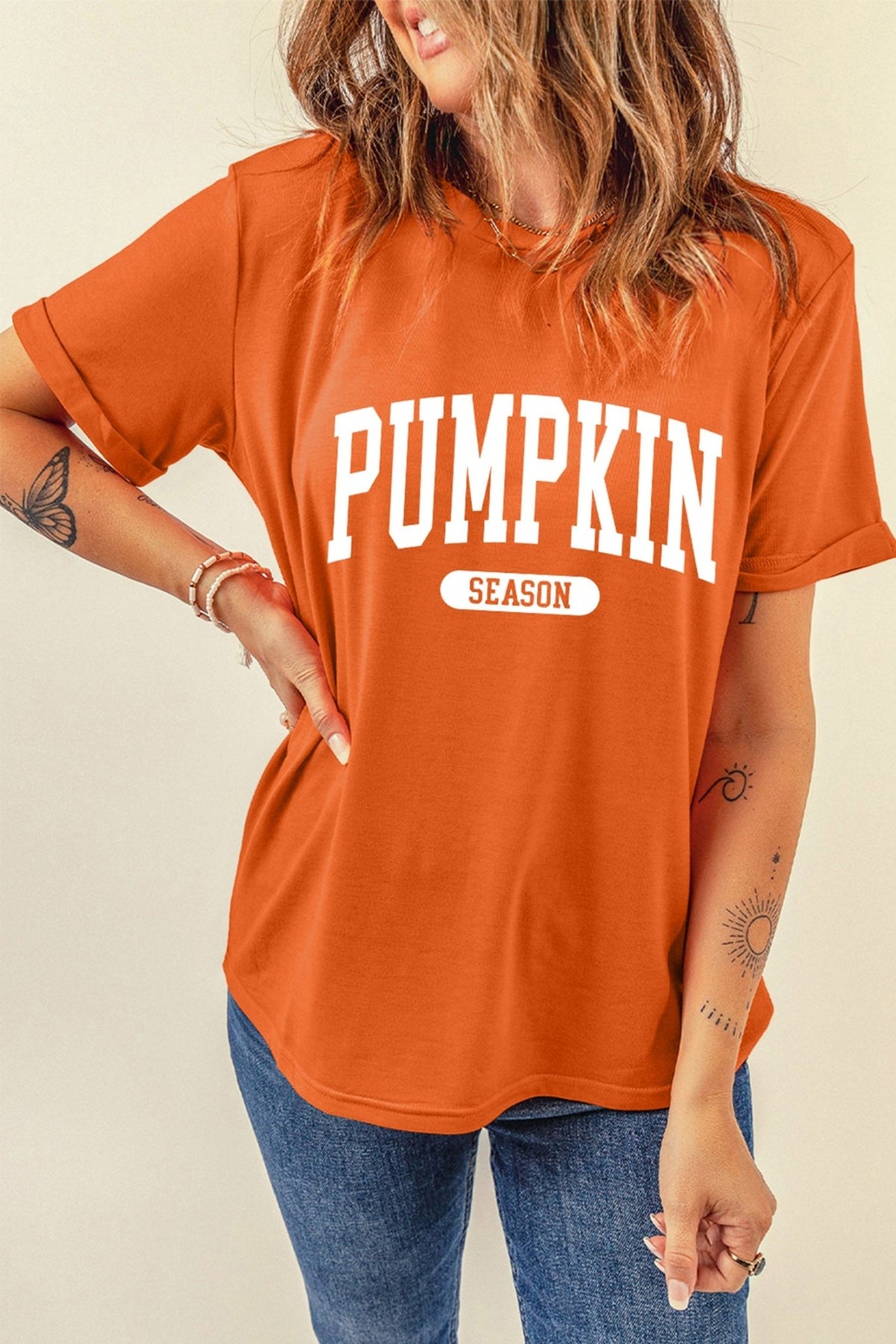 Orange PUMPKIN SEASON Letter Print Relaxed T Shirt - Walker Designs