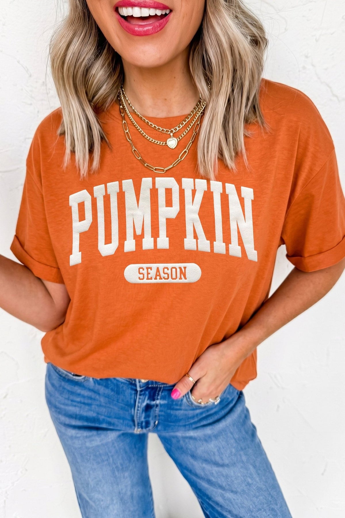 Orange PUMPKIN SEASON Letter Print Relaxed T Shirt - Walker Designs