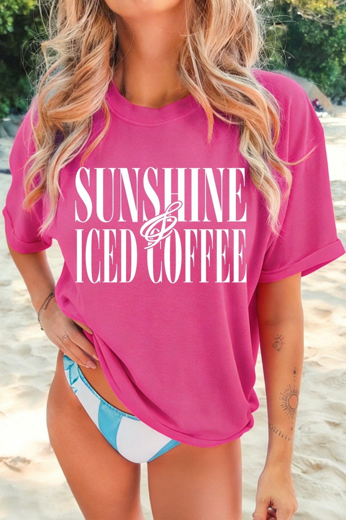 Rose Red SUNSHINE ICED COFFEE Casual Summer T Shirt - Walker Designs