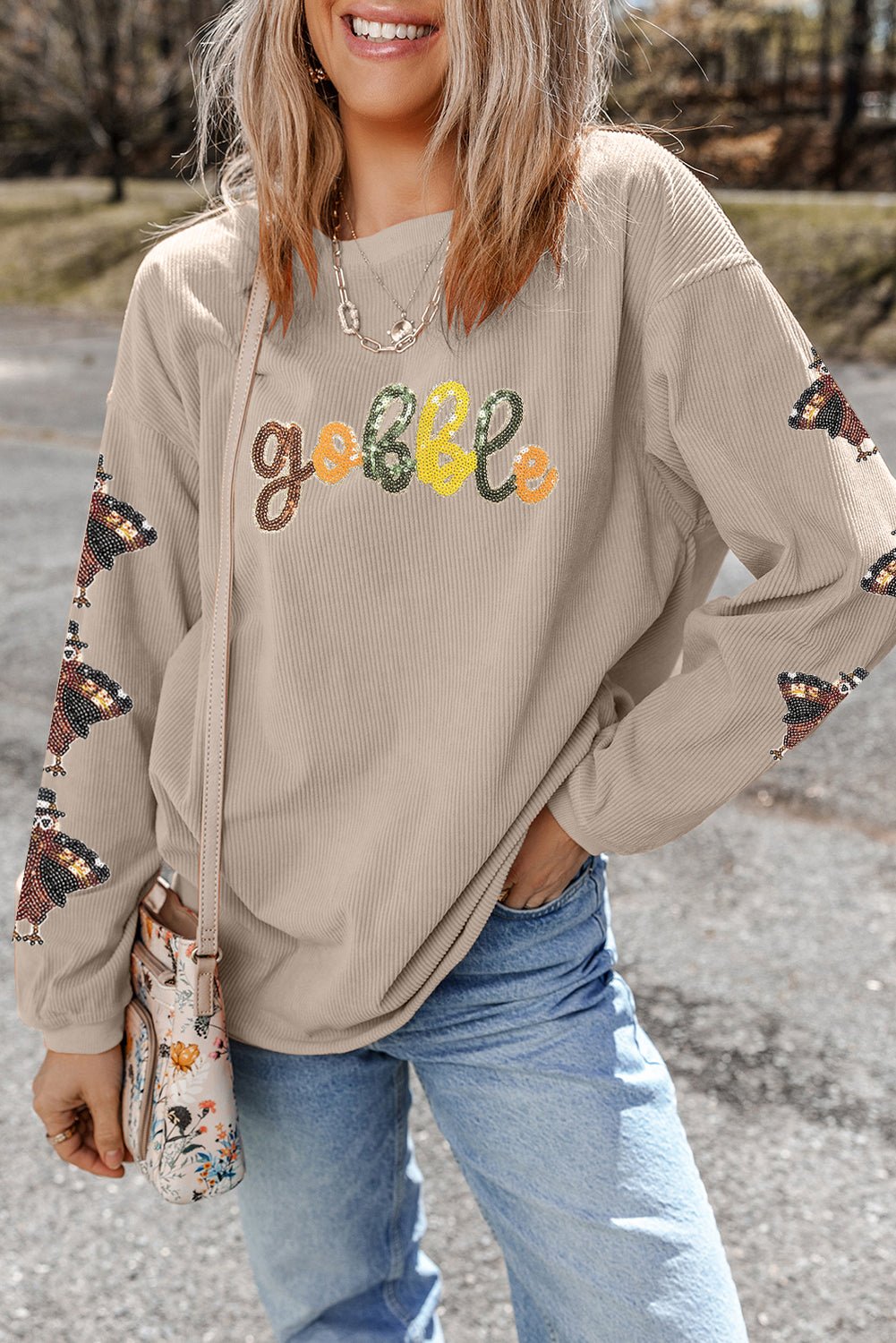 Smoke Gray Corded Ribbed Thanksgiving Turkey Sequin Patched Sleeve gobble Baggy Sweatshirt - Walker Designs