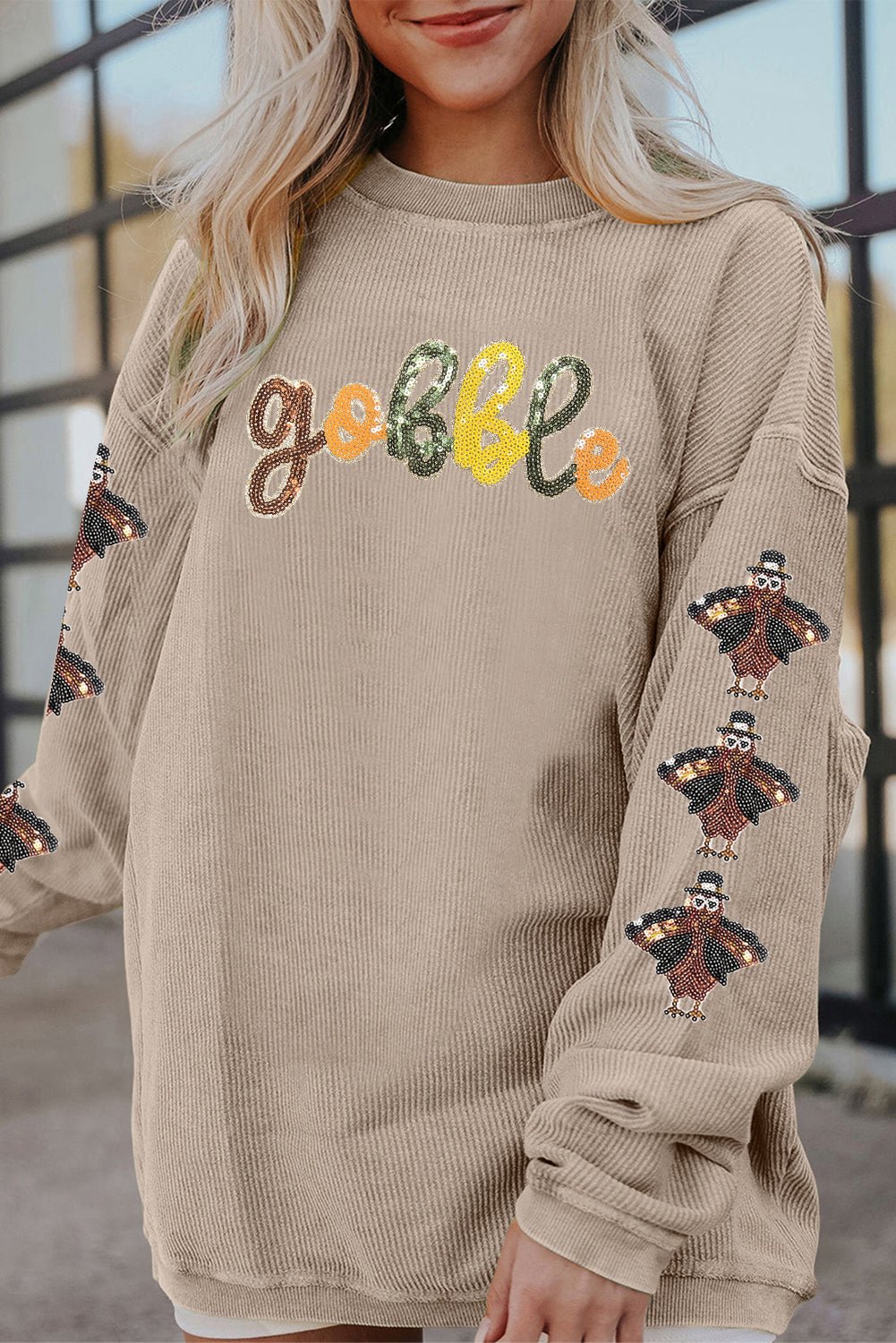 Smoke Gray Corded Ribbed Thanksgiving Turkey Sequin Patched Sleeve gobble Baggy Sweatshirt - Walker Designs