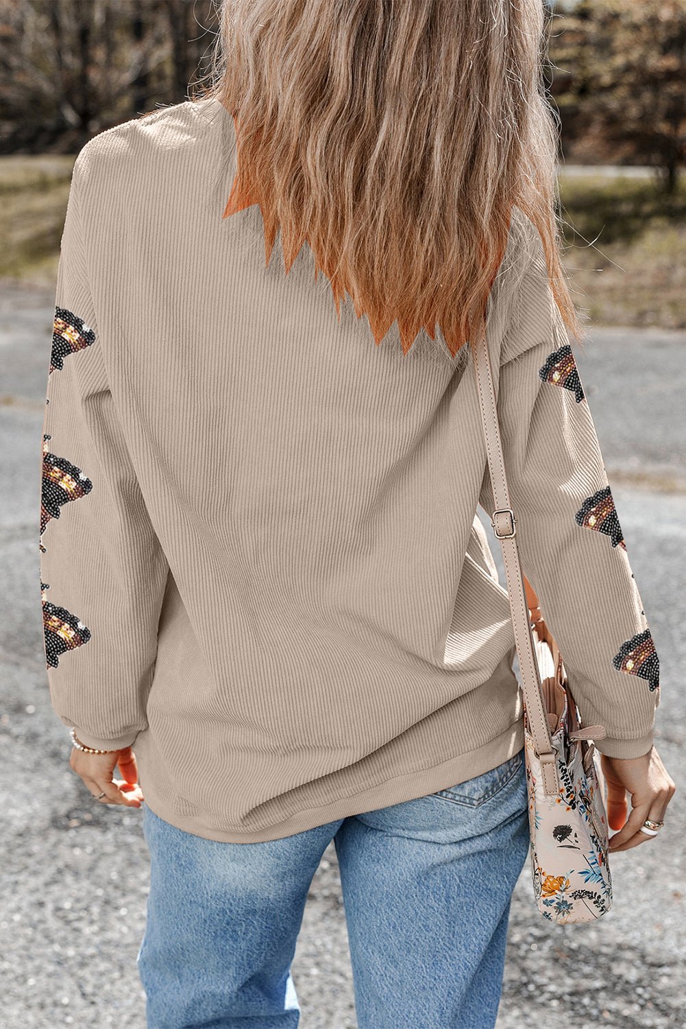 Smoke Gray Corded Ribbed Thanksgiving Turkey Sequin Patched Sleeve gobble Baggy Sweatshirt - Walker Designs