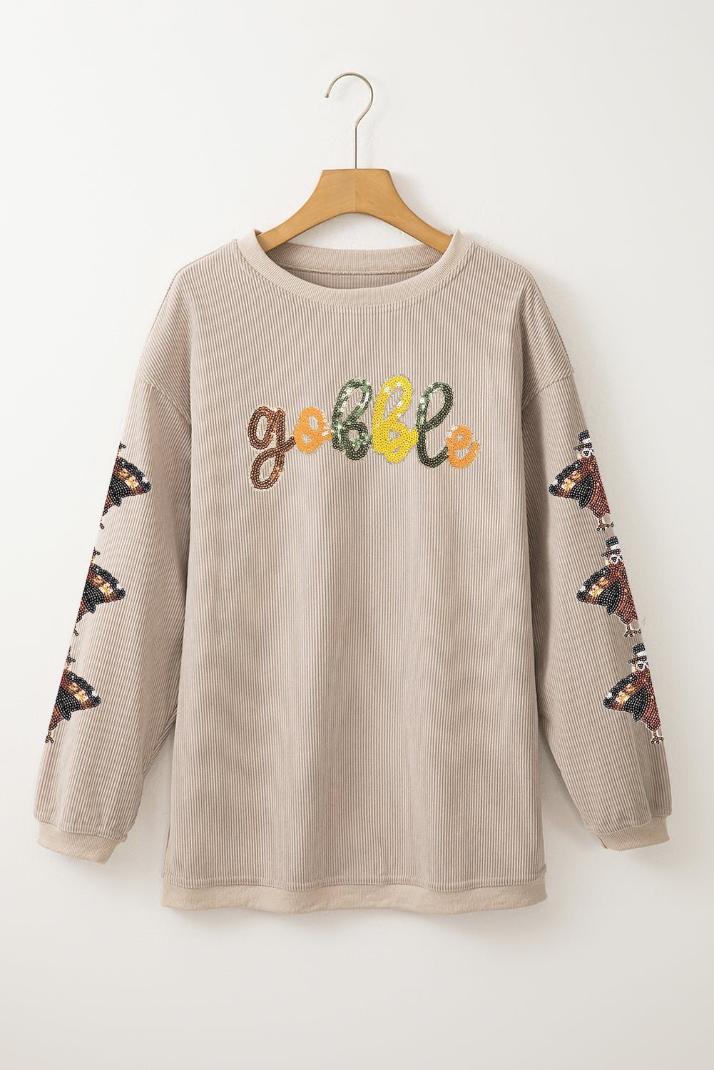Smoke Gray Corded Ribbed Thanksgiving Turkey Sequin Patched Sleeve gobble Baggy Sweatshirt - Walker Designs