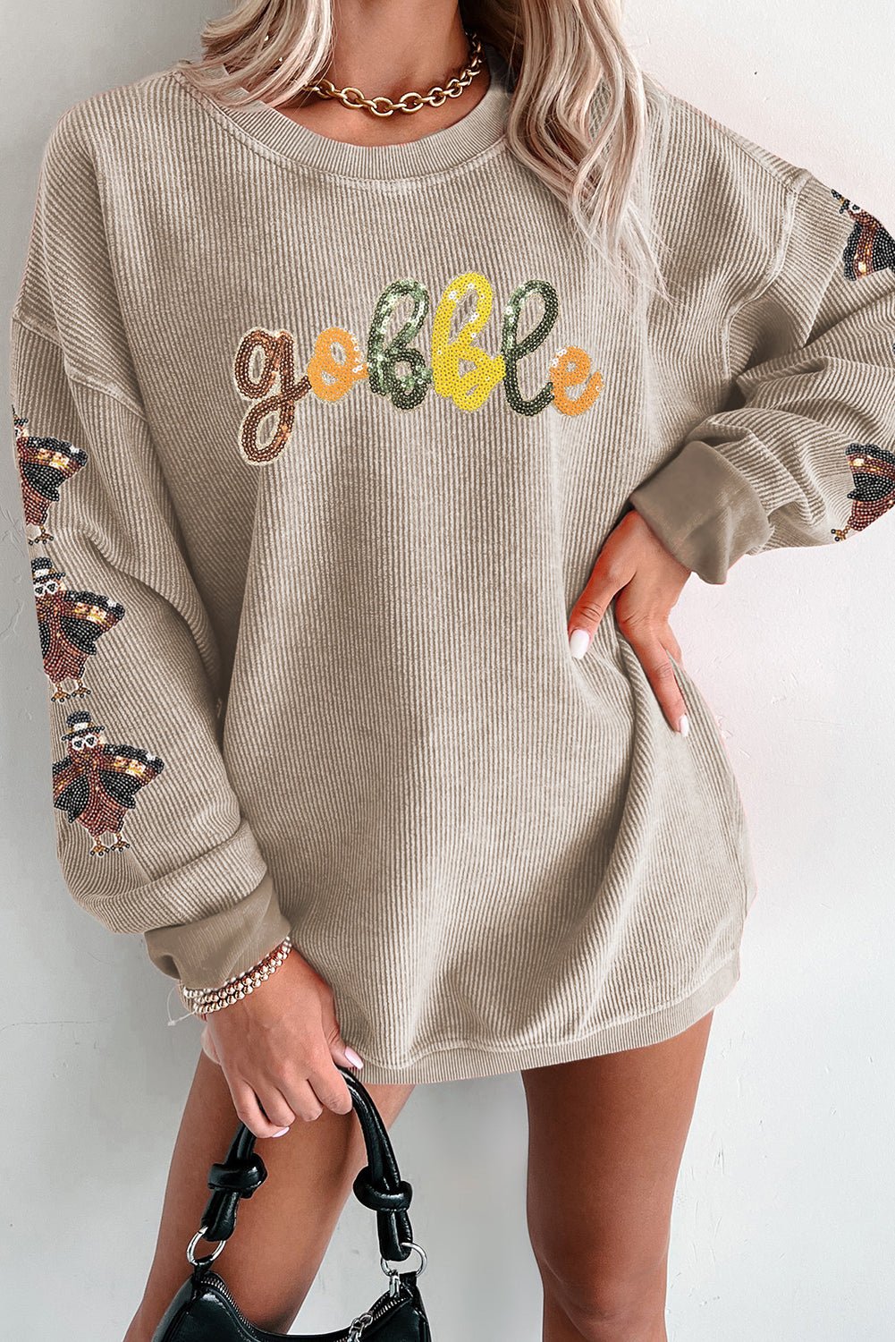 Smoke Gray Corded Ribbed Thanksgiving Turkey Sequin Patched Sleeve gobble Baggy Sweatshirt - Walker Designs
