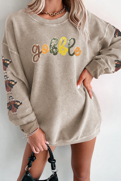 Smoke Gray Corded Ribbed Thanksgiving Turkey Sequin Patched Sleeve gobble Baggy Sweatshirt - Walker Designs