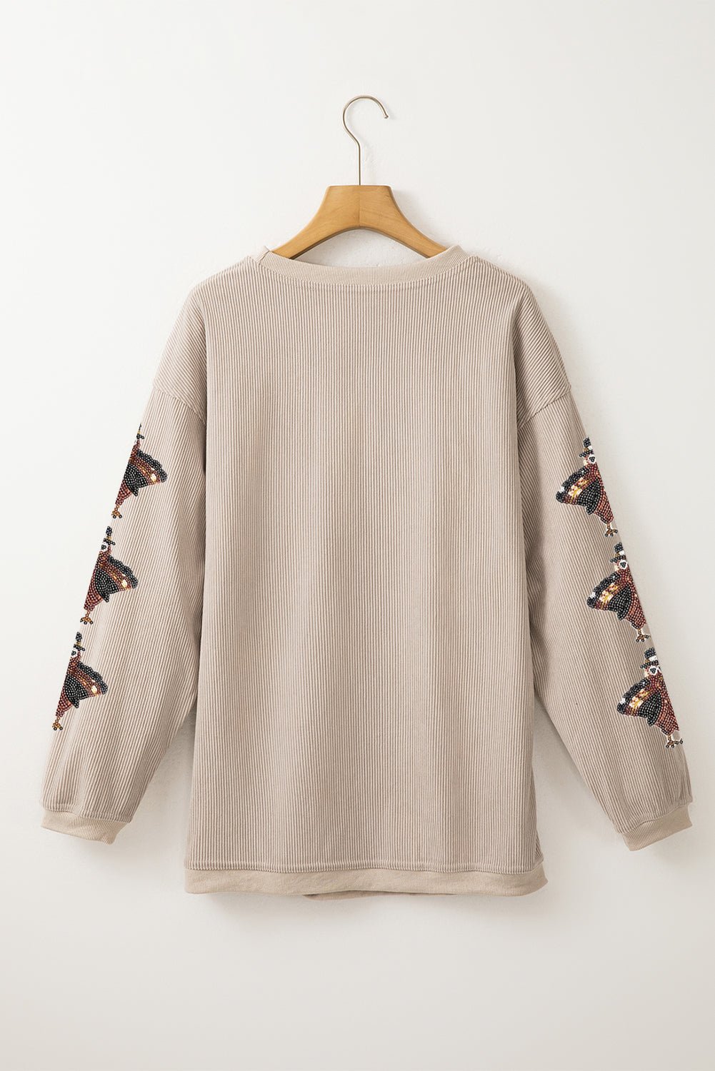 Smoke Gray Corded Ribbed Thanksgiving Turkey Sequin Patched Sleeve gobble Baggy Sweatshirt - Walker Designs