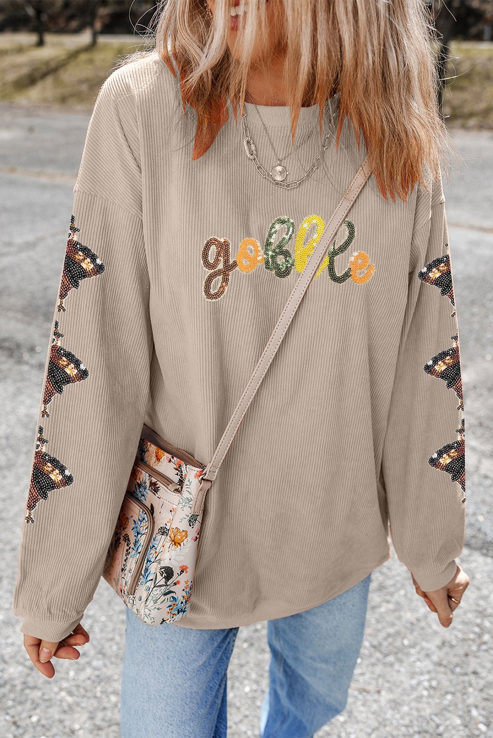 Smoke Gray Corded Ribbed Thanksgiving Turkey Sequin Patched Sleeve gobble Baggy Sweatshirt - Walker Designs