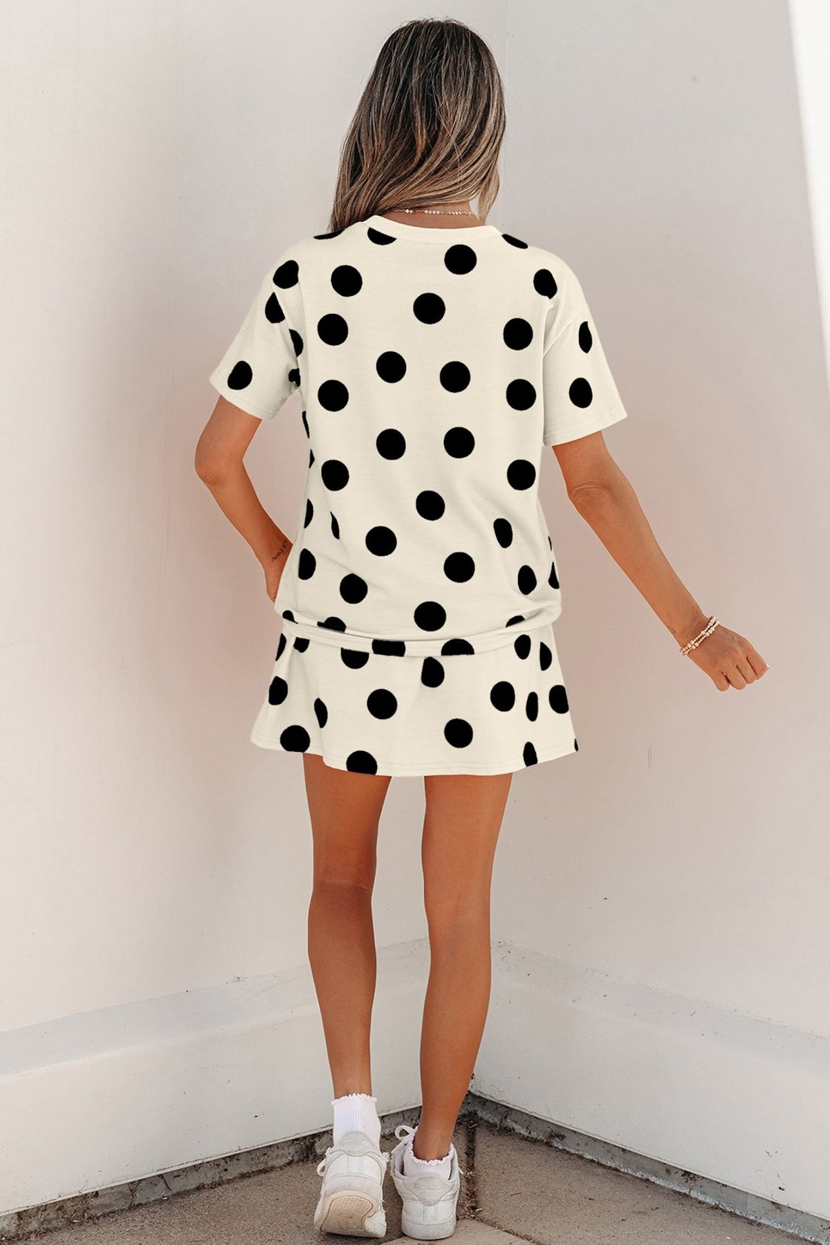 White Polka Dot Short Sleeve Top Casual Skort 2pcs Outfit - Walker Designs