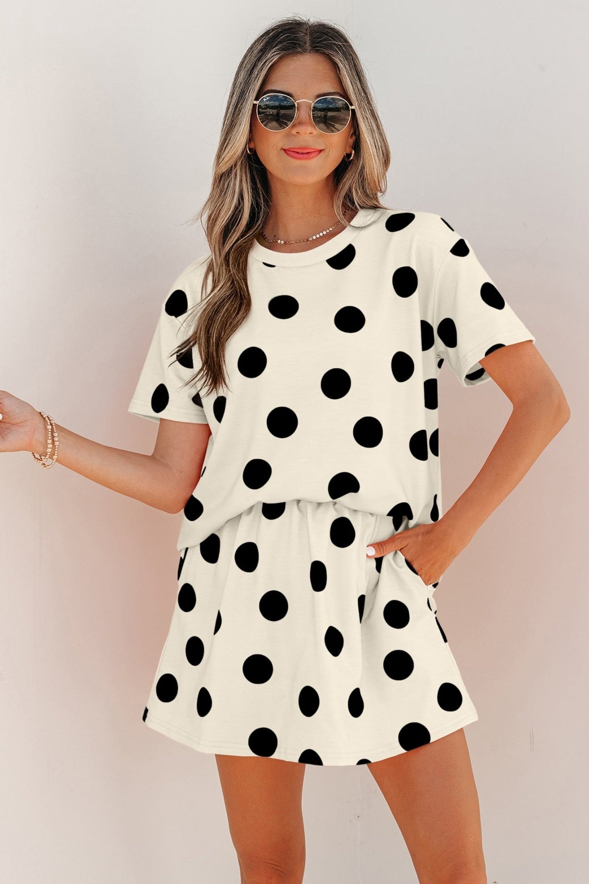 White Polka Dot Short Sleeve Top Casual Skort 2pcs Outfit - Walker Designs