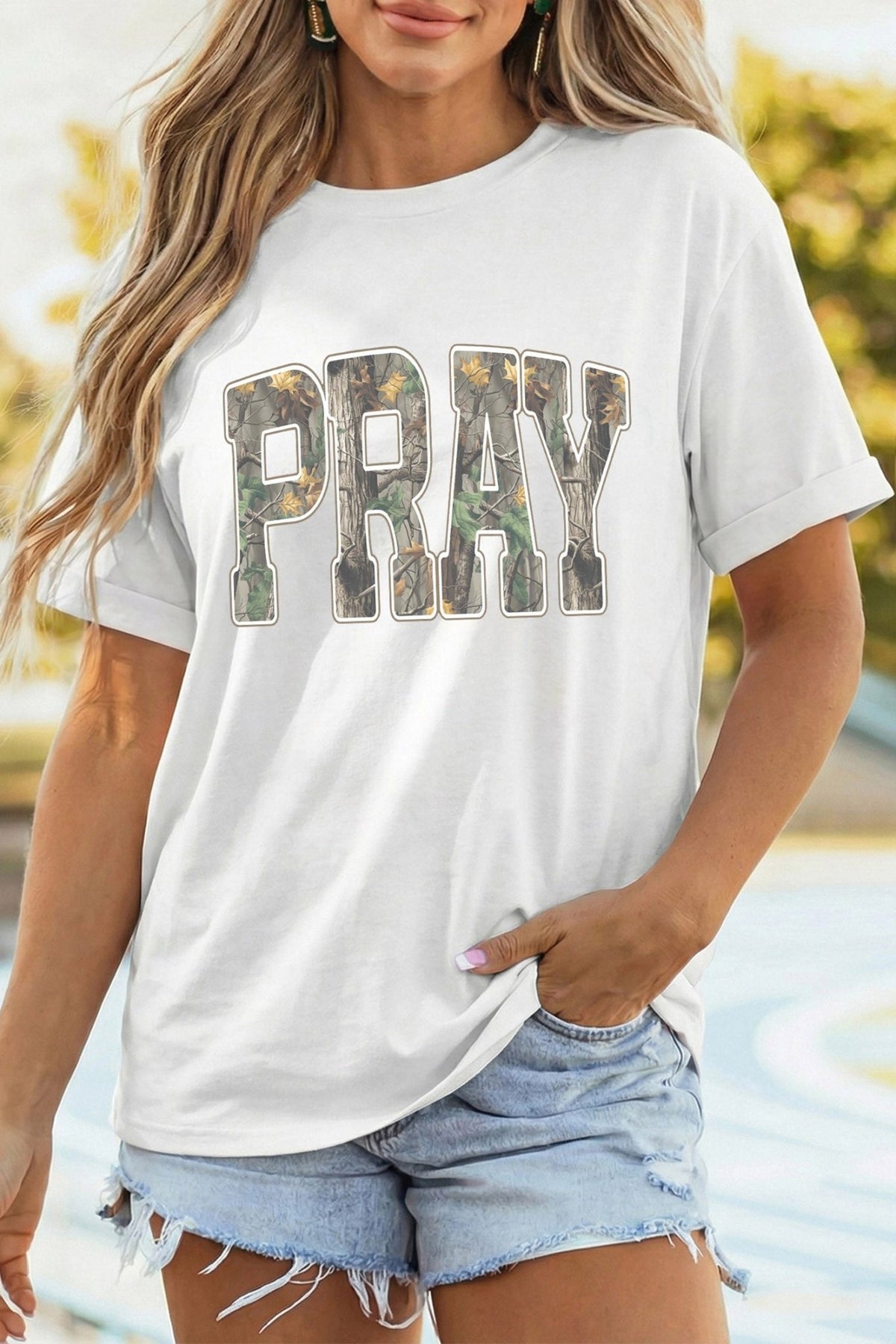 White PRAY Camo Letter Print Casual Round Neck T Shirt - Walker Designs