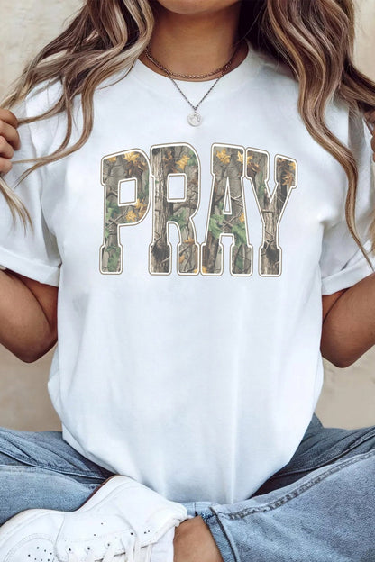 White PRAY Camo Letter Print Casual Round Neck T Shirt - Walker Designs