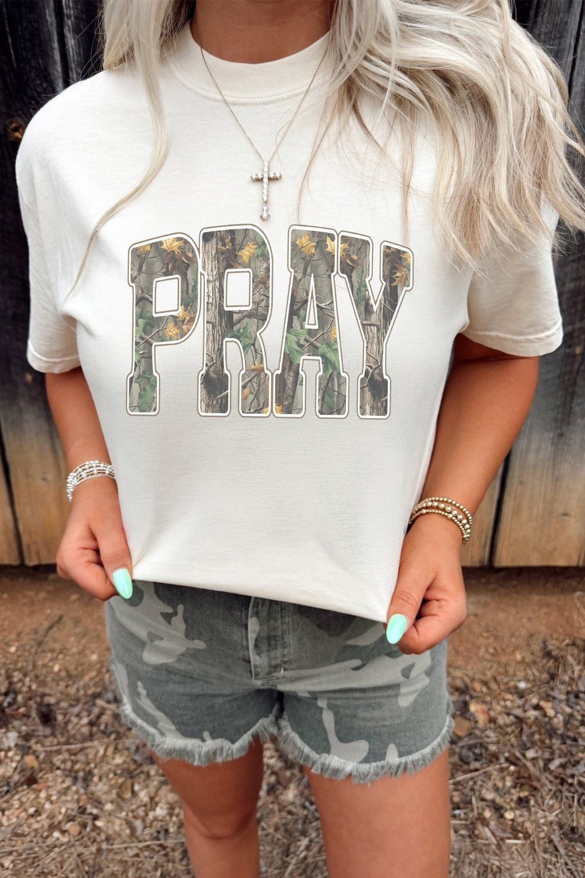 White PRAY Camo Letter Print Casual Round Neck T Shirt - Walker Designs