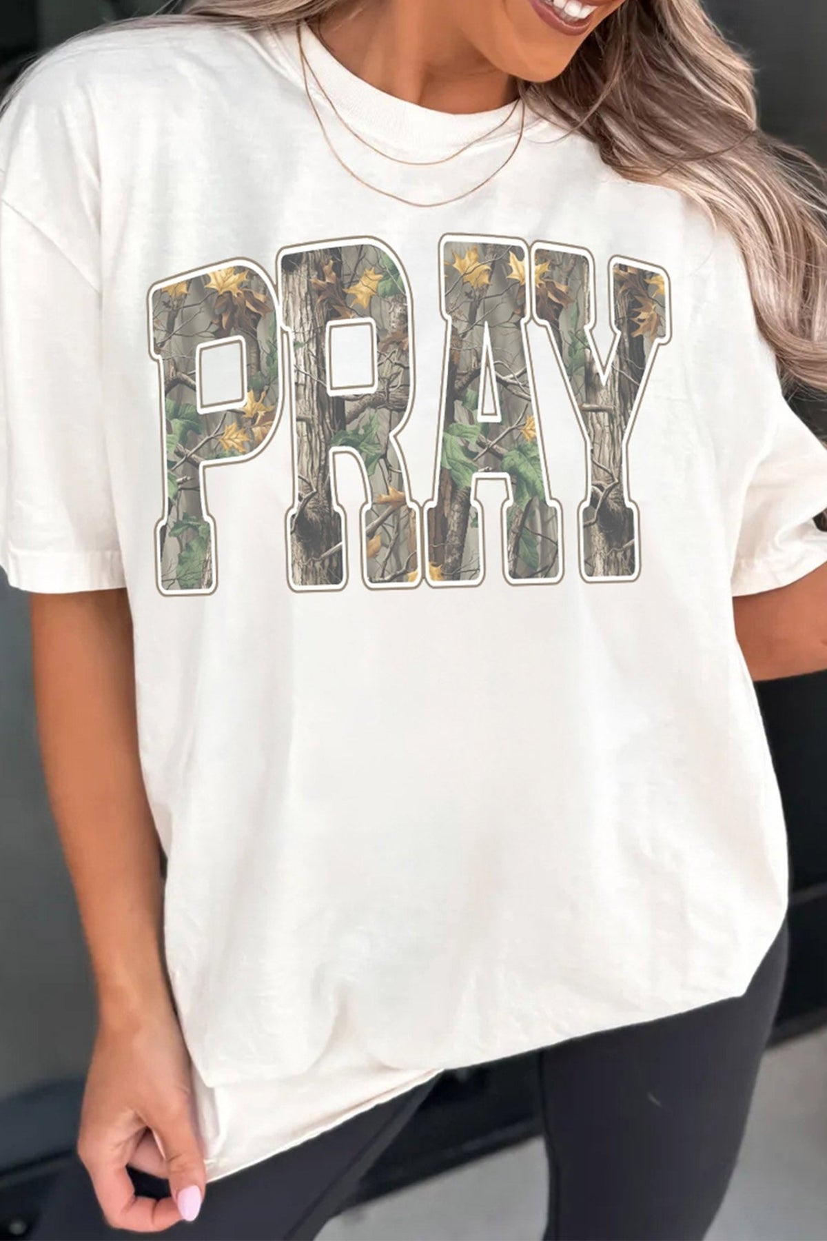 White PRAY Camo Letter Print Casual Round Neck T Shirt - Walker Designs