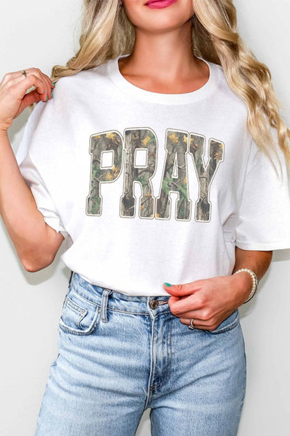 White PRAY Camo Letter Print Casual Round Neck T Shirt - Walker Designs