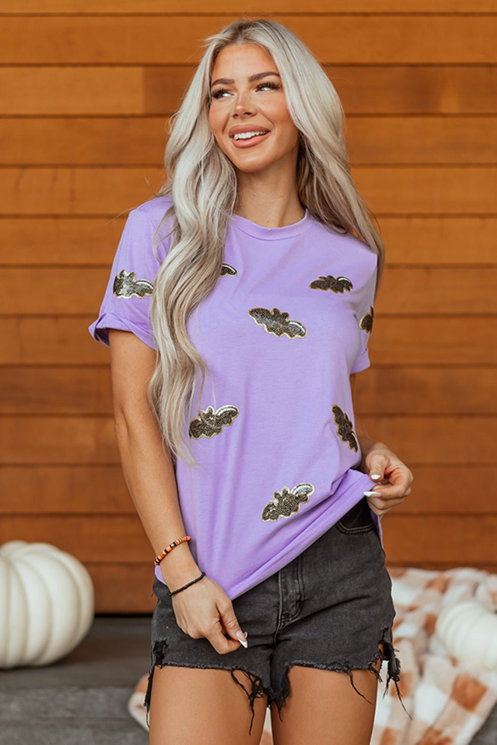 Wisteria Sequin Halloween Bat Patched Casual T Shirt - Walker Designs