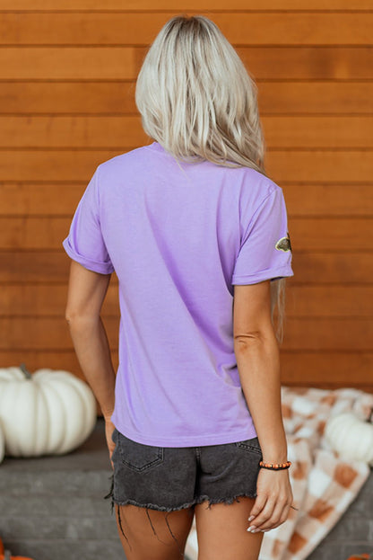 Wisteria Sequin Halloween Bat Patched Casual T Shirt - Walker Designs