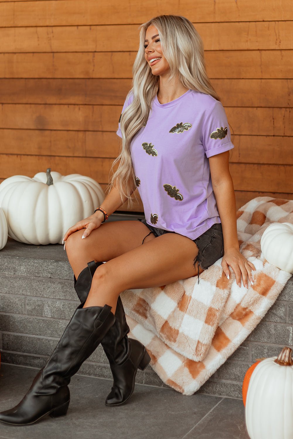 Wisteria Sequin Halloween Bat Patched Casual T Shirt - Walker Designs