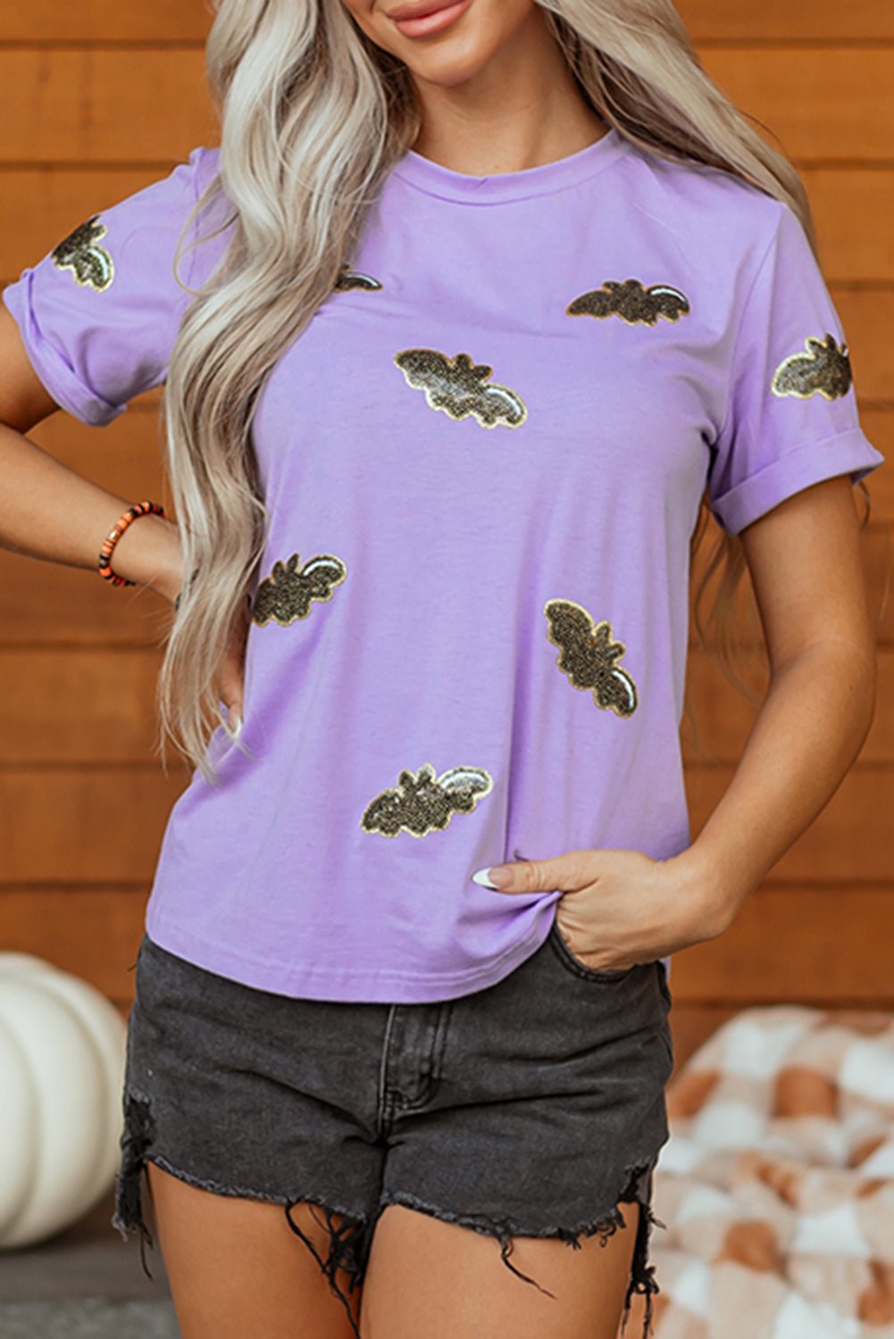 Wisteria Sequin Halloween Bat Patched Casual T Shirt - Walker Designs
